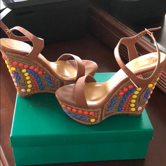 Lauren Lorraine Shoes - Lauren Lorraine Cognac Embellished Wedges